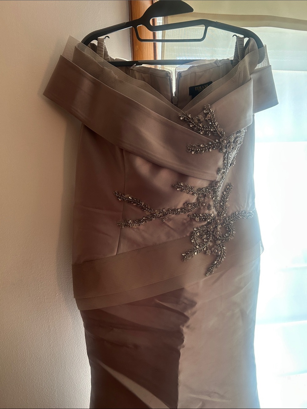 Terani Couture Beaded Off-The-Shoulder Mermaid Gown Taupe